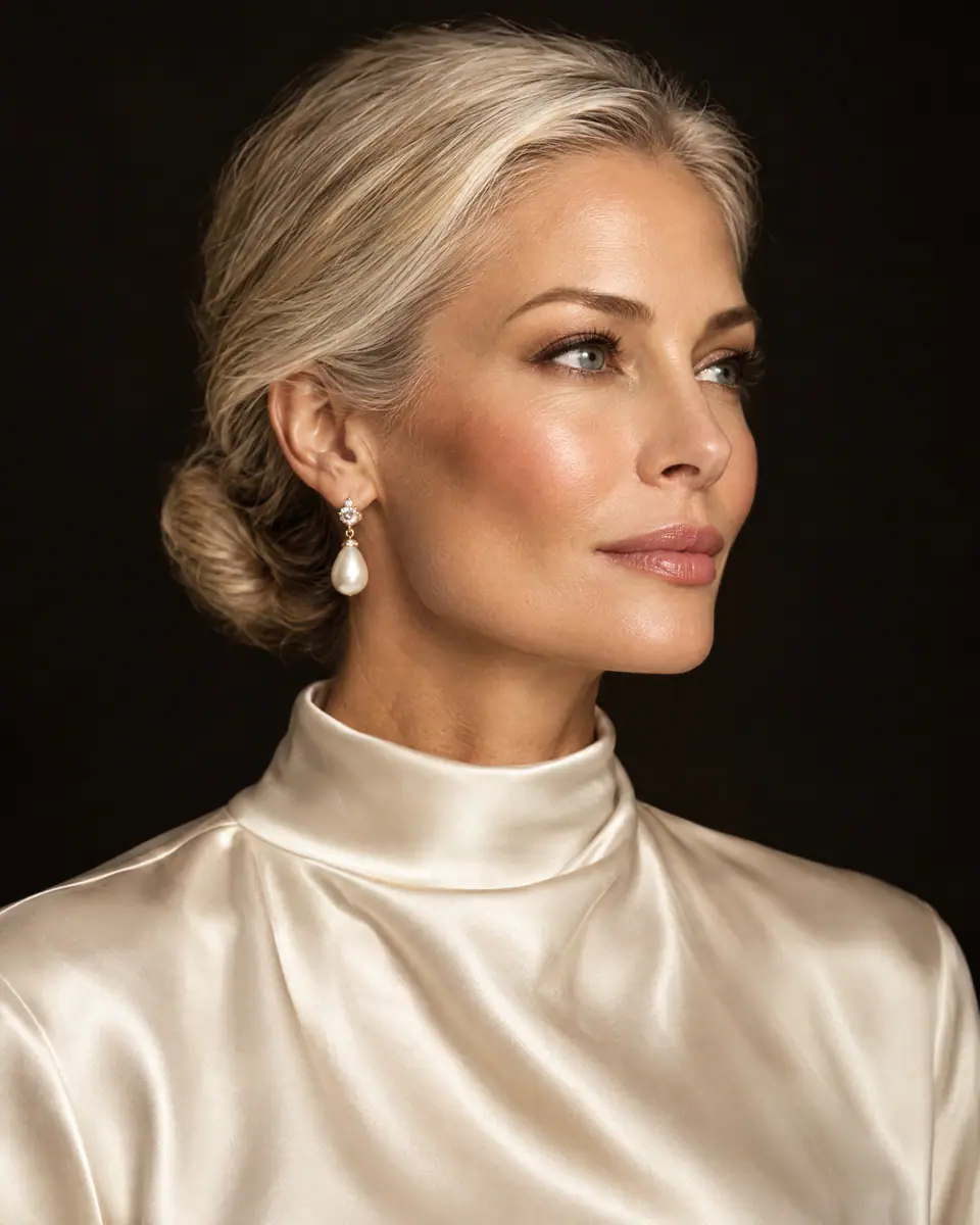 Woman in a cream silk top.