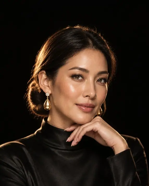 Woman in a black silk top, resting her chin on her hand.