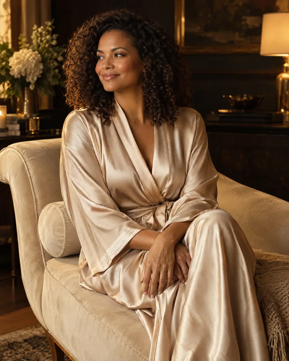 Woman in a champagne silk robe.