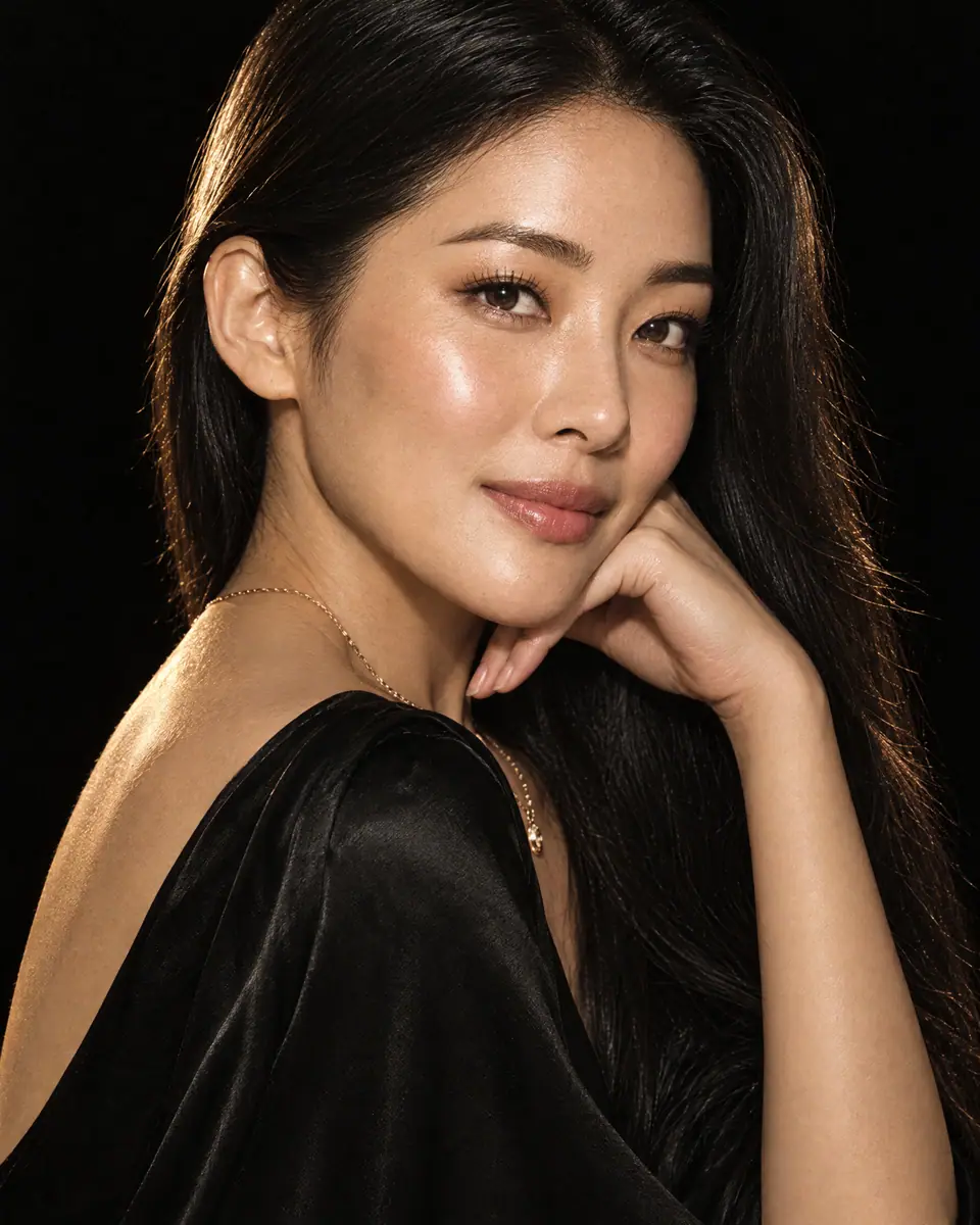 Woman with long dark hair, resting her face on her hand.